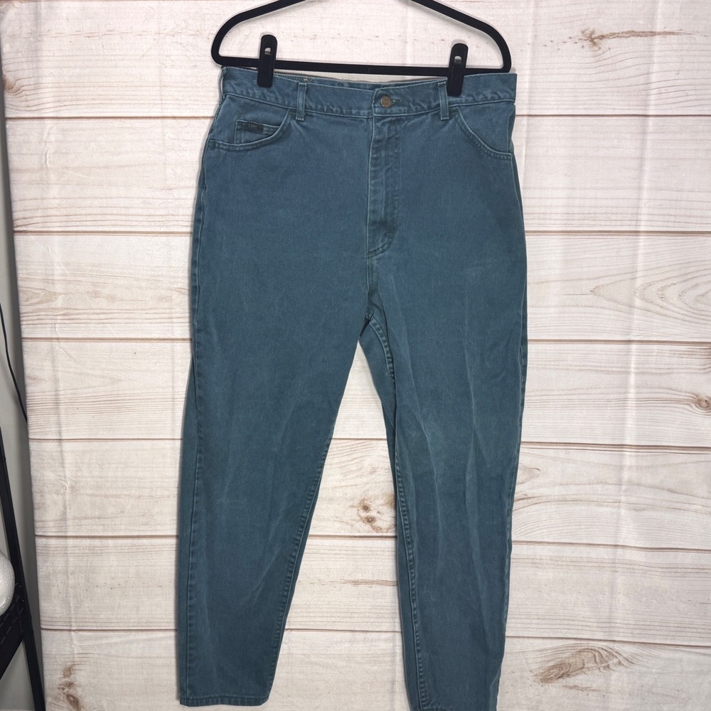 Vintage Lee High Waisted Tapered Leg Jeans Teal Blue Green Made in USA Size 18 M